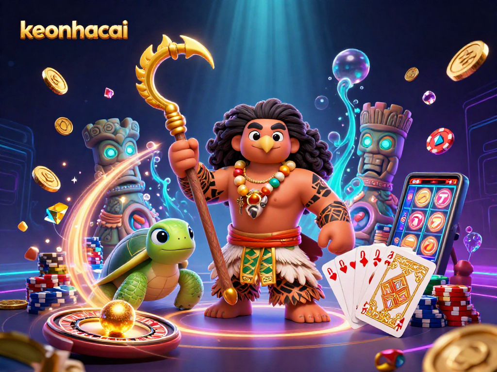 Engage with keonhacai through vibrant 3D cartoon casino scene featuring a Polynesian hawk.