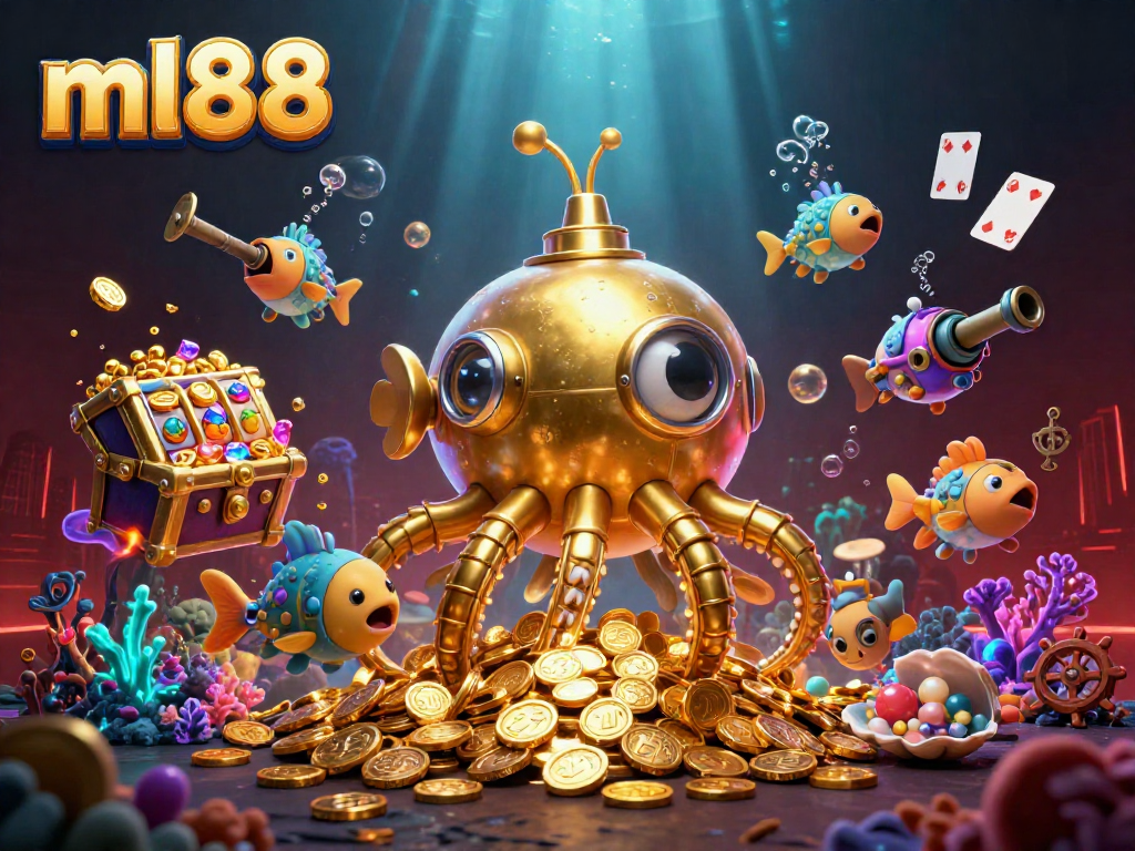 Engage with the ml88 experience through a vibrant 3D illustration of a golden kraken submarine.