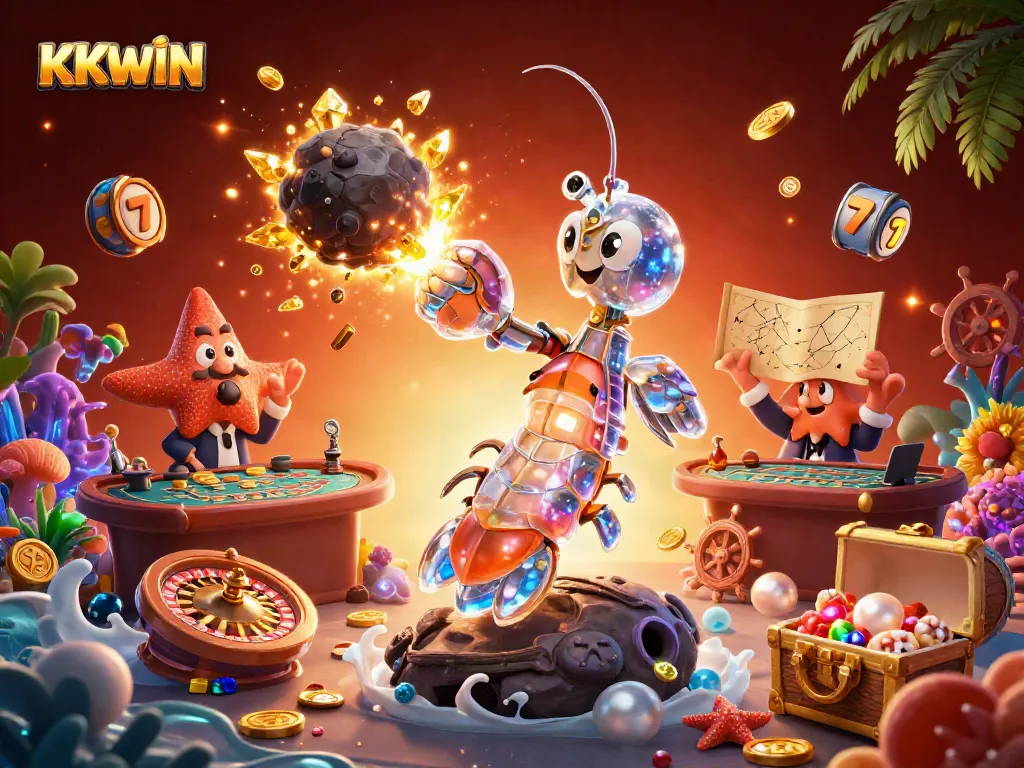 Play slots and win big with KKWIN's vibrant 3D underwater casino scene filled with treasures.