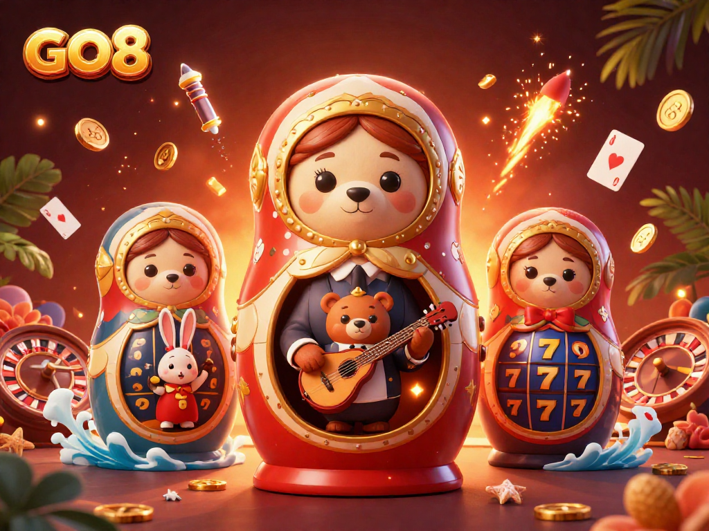 Spin to win at GO8 with a dynamic 3D casino scene full of excitement and vibrant characters.