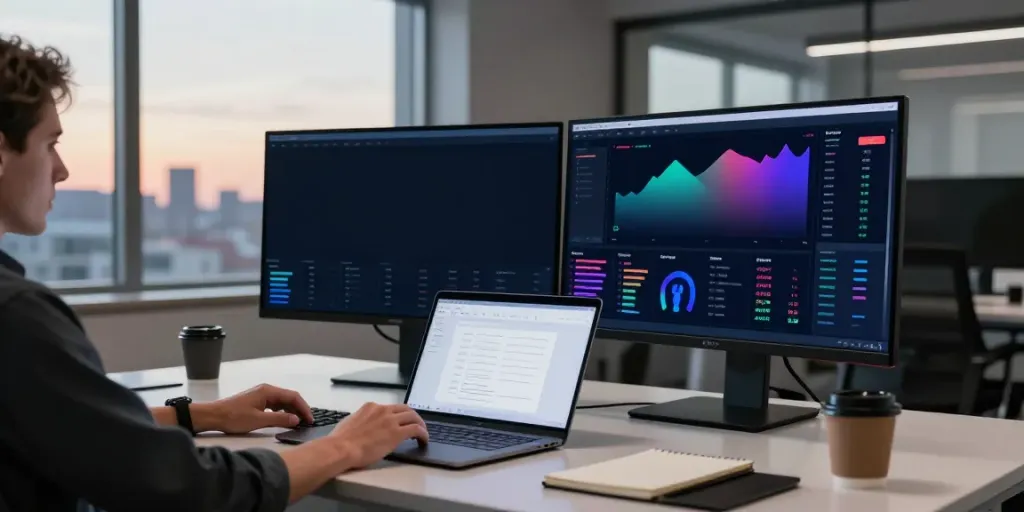 Recover stolen crypto in USA at a modern trading desk filled with tech and information.