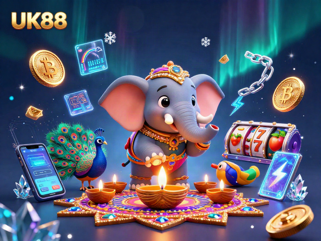 Experience thrilling gaming with UK88's vibrant 3D illustration showcasing slots and crypto themes.