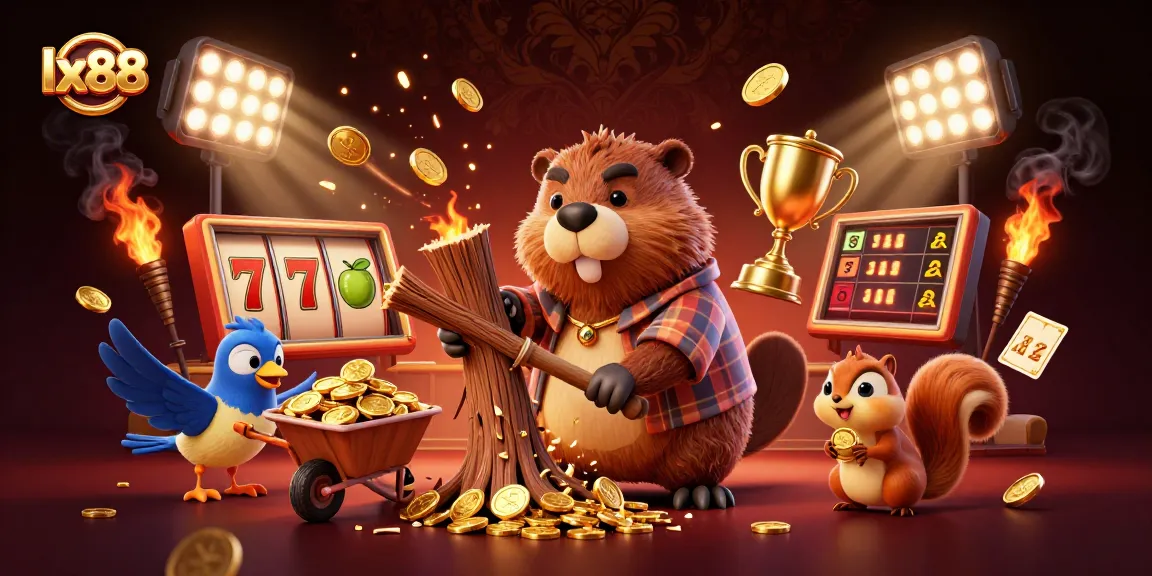 Experience thrilling jackpots and slots at lx88, where a cartoon beaver collects gold coins amidst vibrant casino elements.