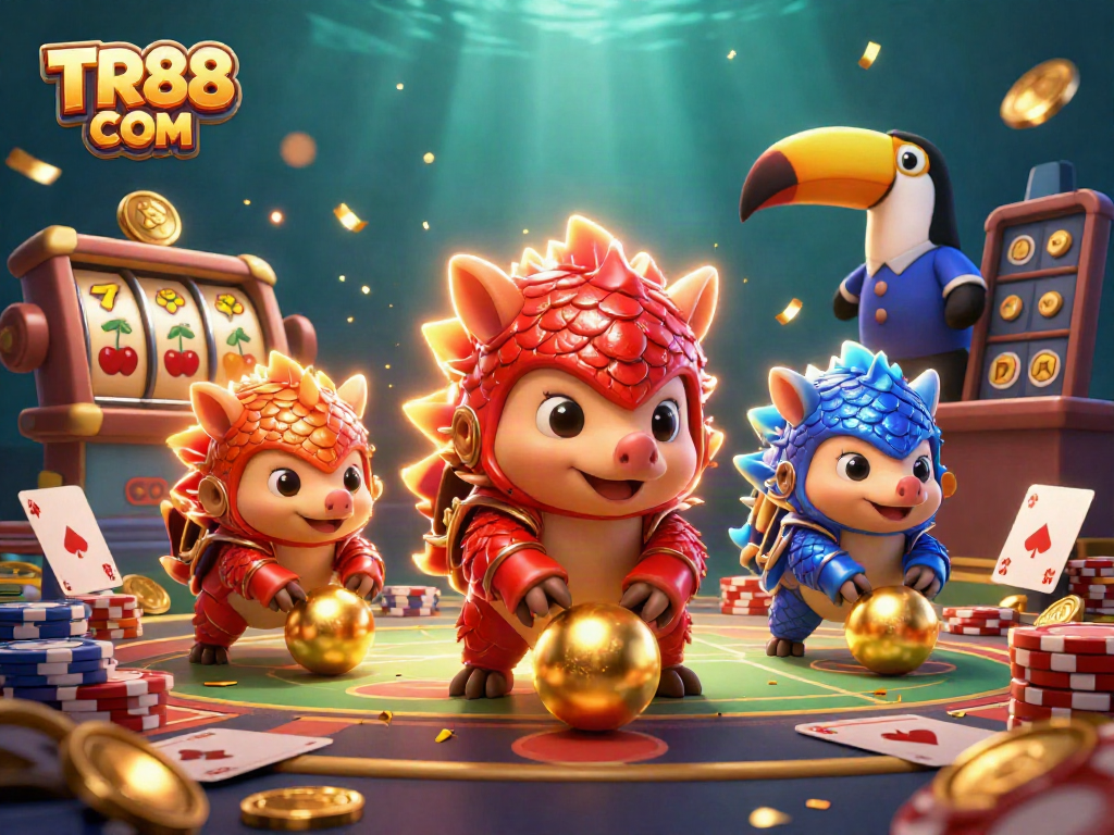 Engage in thrilling gameplay with TR88 COM as rival pangolins roll through golden jackpots and poker chips.