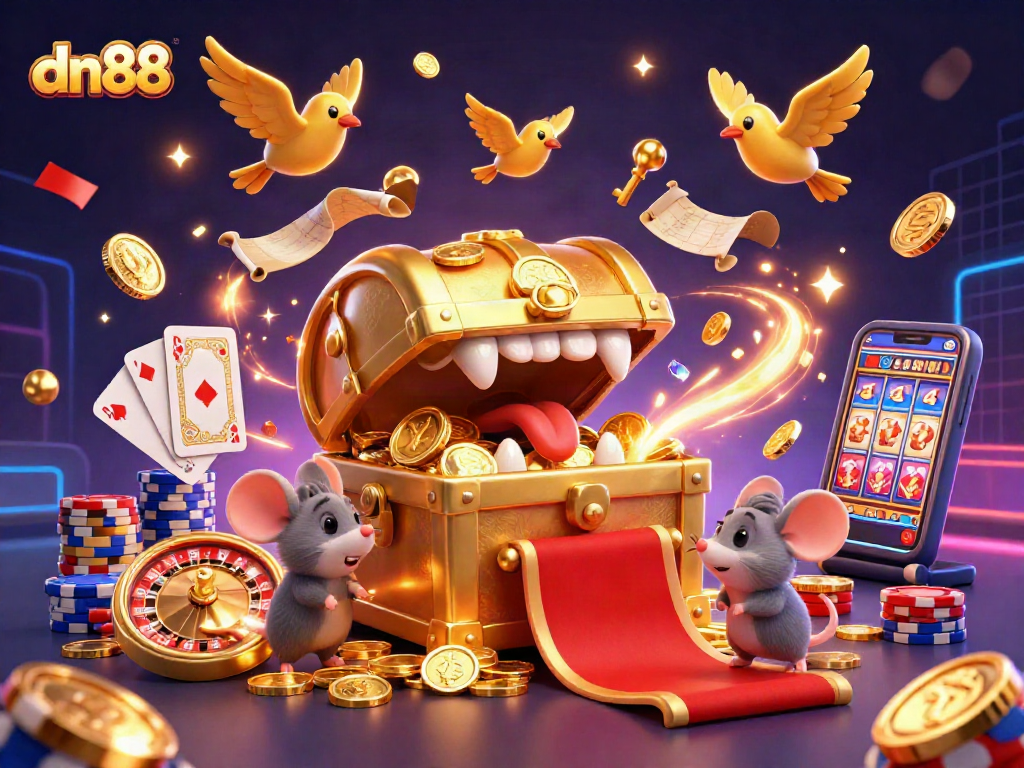 Experience the excitement of dn88 with a vibrant casino illustration full of treasure and game elements.