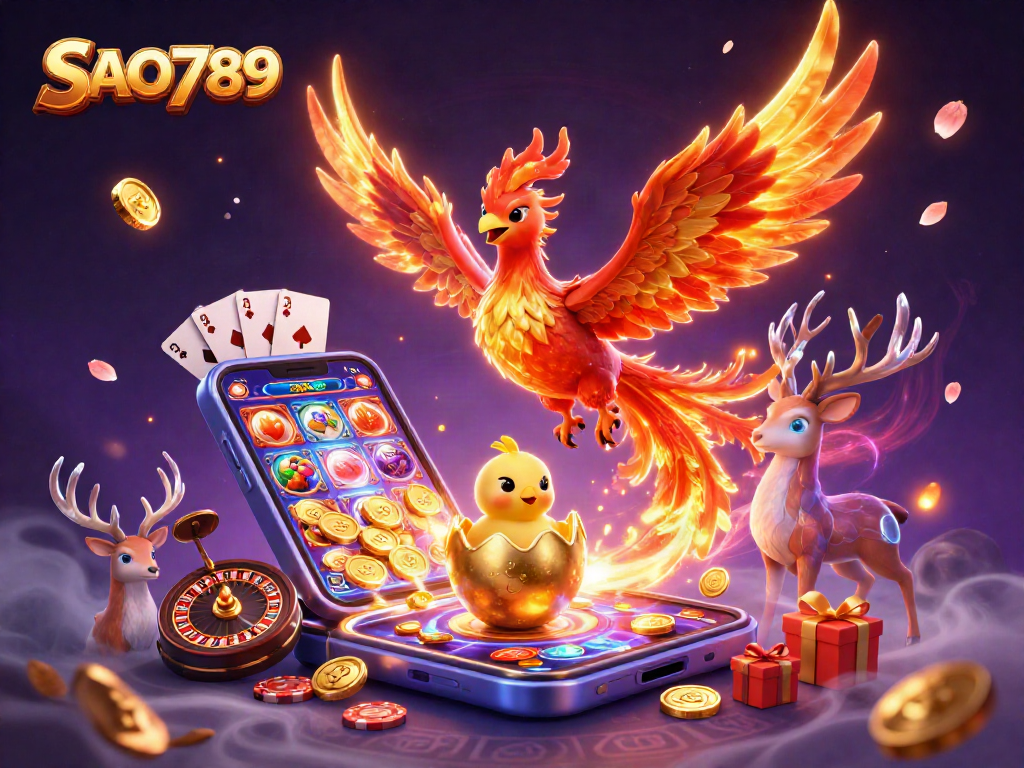 Experience SAO789 with a vibrant illustration of a phoenix and gaming elements symbolizing excitement.