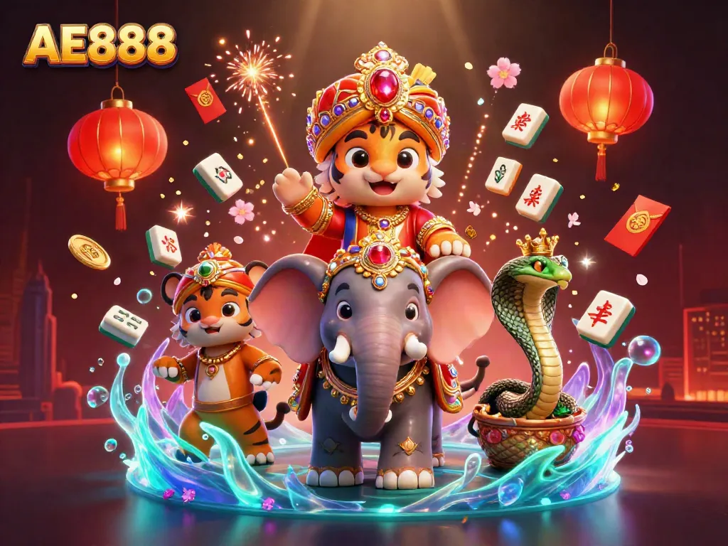 Experience vibrant gaming at AE888 with animated elements like lanterns and coins in a dazzling scene.
