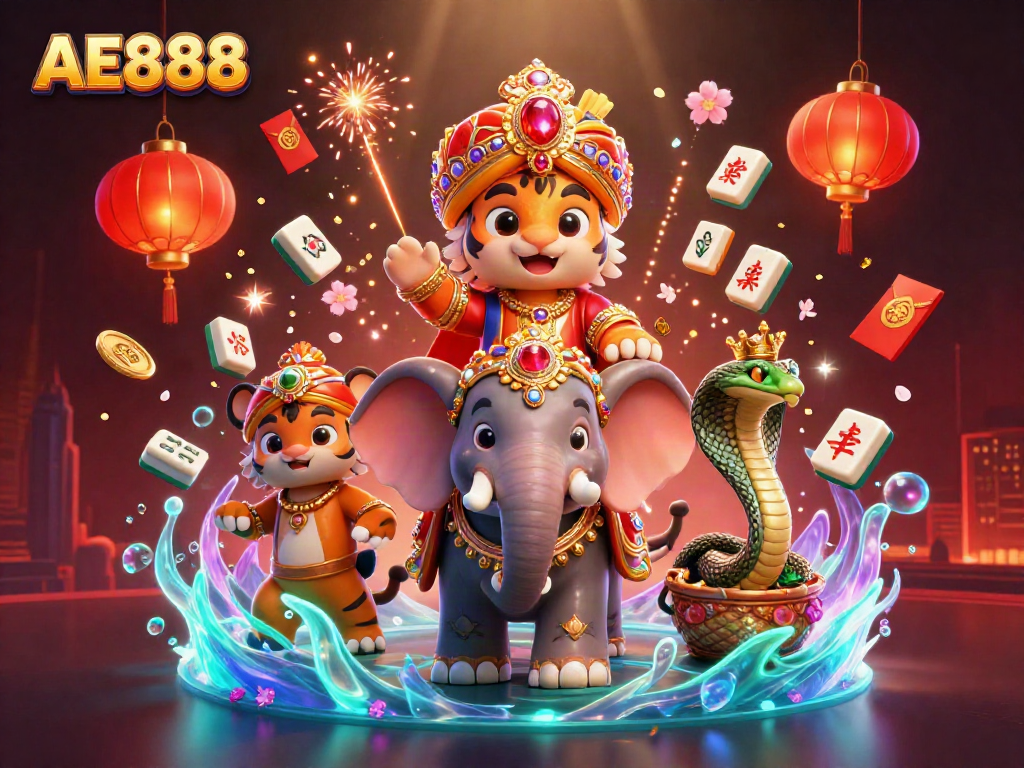 Experience vibrant gaming at AE888 with animated elements like lanterns and coins in a dazzling scene.
