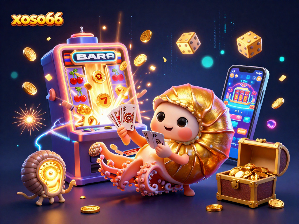 Win with xoso66 at the dynamic 3D casino, featuring a nautilus roulette wheel and gold-filled slot machines.