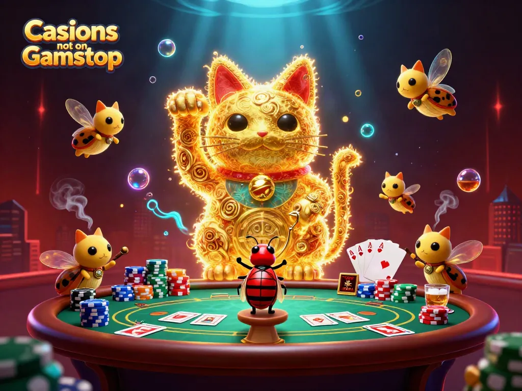 Engage in vibrant fun with Casinos not on Gamstop featuring a whimsical lucky cat and poker elements