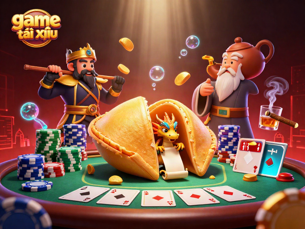 A vibrant scene depicting the engaging game tài xỉu with a golden fortune cookie, a wise dragon, and action-packed casino elements.