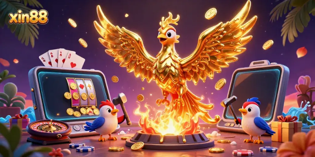 Splash into winnings at xin88 with a golden phoenix and vibrant casino elements in a magical illustration.