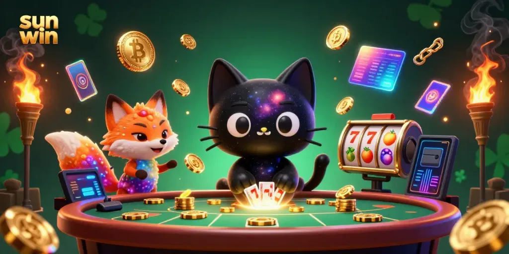 Experience thrilling gaming moments with sun win as a cosmic black hole cat and colorful nebula fox allure players.