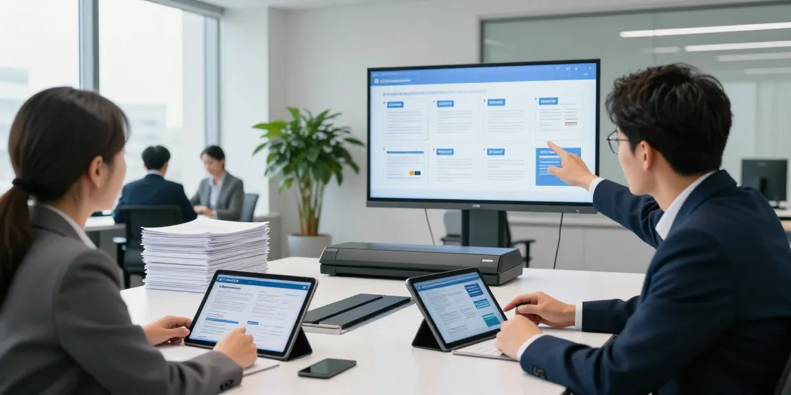Professionals discussing document fraud detection strategies with data analytics in a modern corporate office.