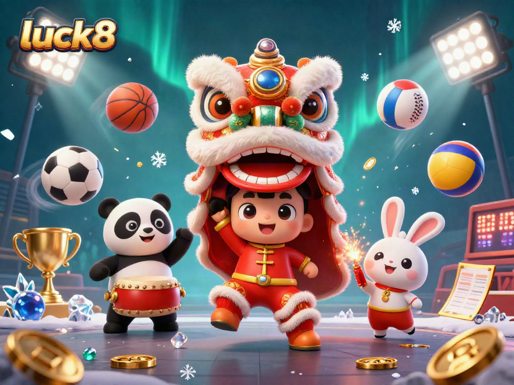 Engage with luck8 in an exciting casino scene featuring vibrant characters and dynamic sports elements.