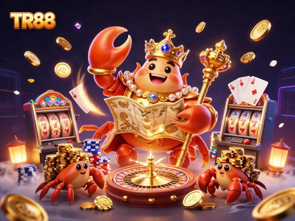 Engage in thrilling gameplay with TR88, as a golden crab emperor rules the casino realm amidst dazzling treasures.