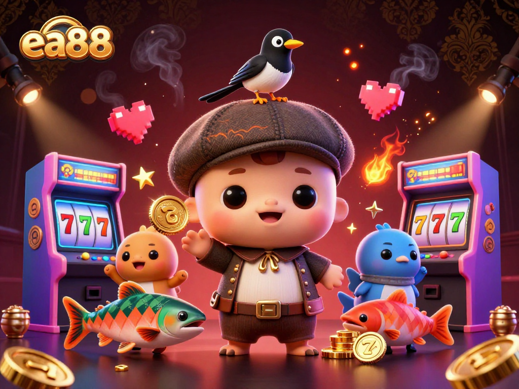 ea88 players engage in vibrant slots action with cute characters and dynamic gaming elements