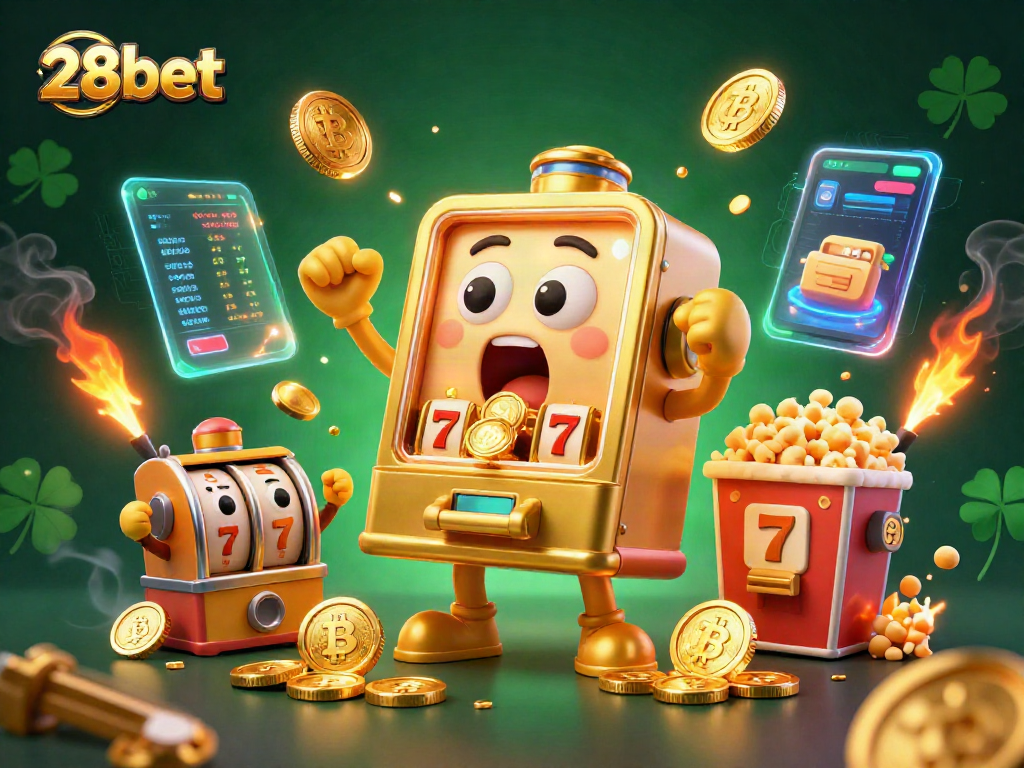Join the excitement at 28bet as golden slot machines celebrate jackpot wins with dynamic casino elements.