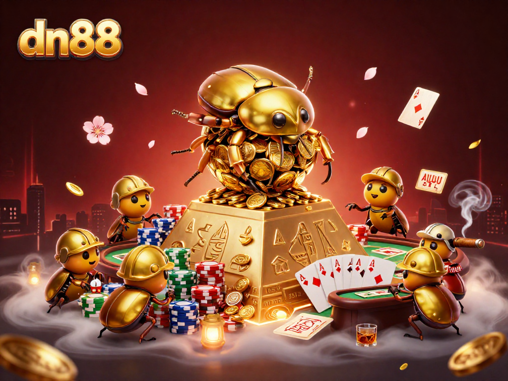 Engage with dn88 as a massive golden beetle rolls coins to victory in a vibrant casino scene.