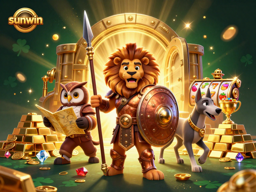 Win big with sunwin in this vibrant 3D casino scene featuring a Spartan lion and treasures.