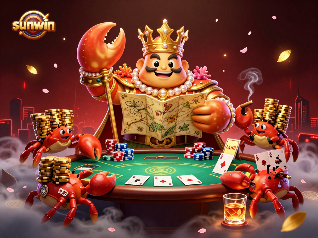 Sunwin depicts a golden crab emperor in a vibrant casino scene, radiating winning energy.