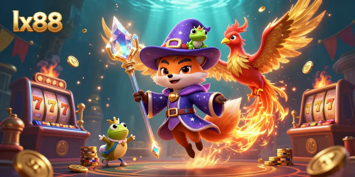 Experience thrilling moments in lx88's vibrant casino, featuring a mystical wizard fox and a fiery phoenix.