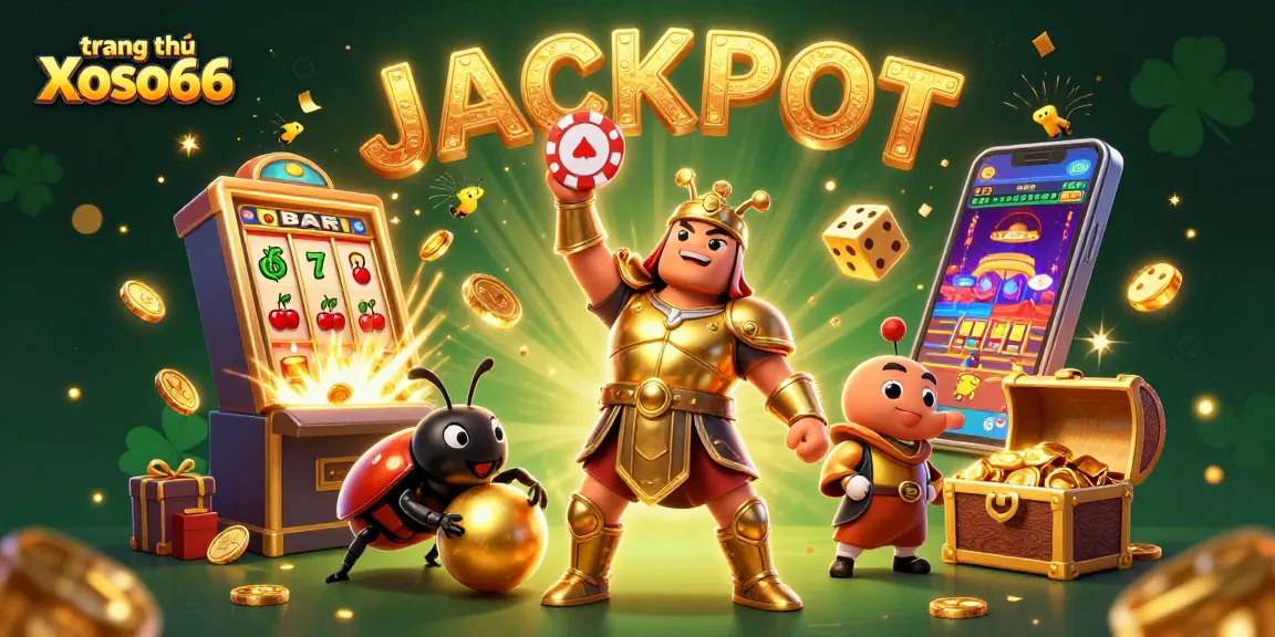 Experience excitement at trang chủ Xoso66 with a vibrant casino scene featuring animated characters celebrating a jackpot.