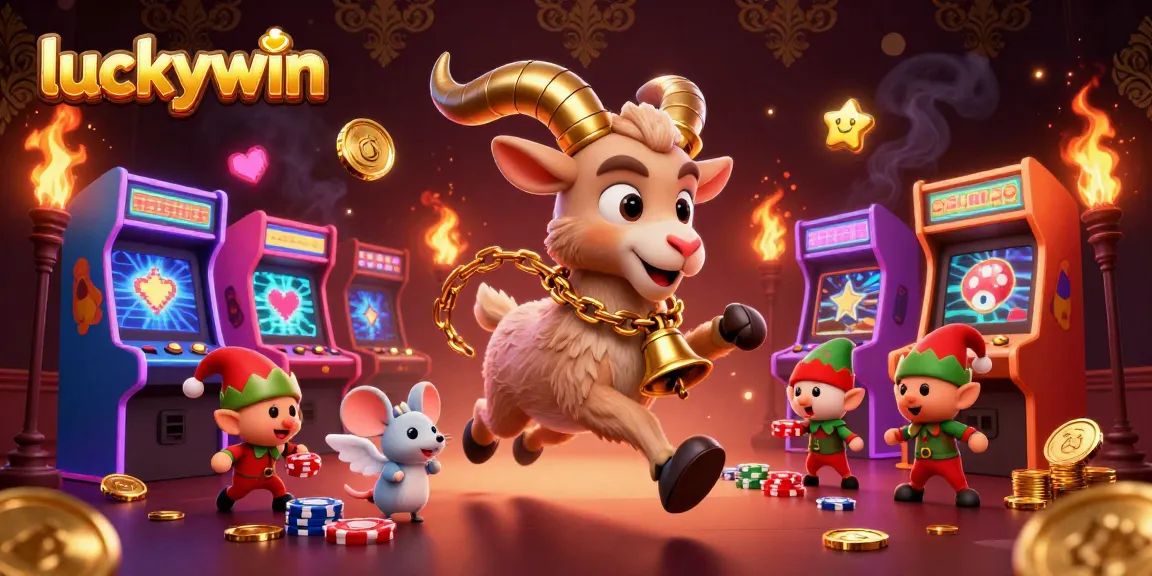 Experience luckywin's thrilling games in a vibrant casino scene with Krampus and playful gremlins!