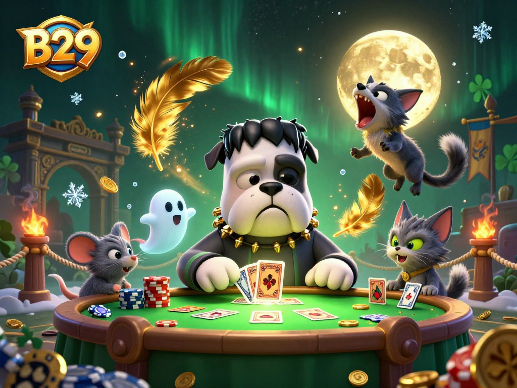 B29 offers a thrilling casino experience with vibrant games and dynamic characters at a spooky table.
