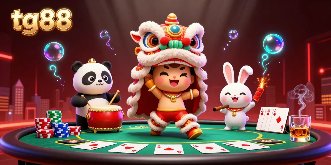 Experience thrilling moments at tg88 with a lively lion dance and poker elements as players engage in the game.