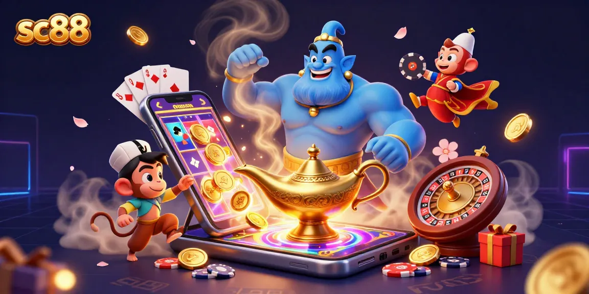 Experience the magic of sc88 in a vibrant 3D casino illustration featuring a genie and gaming elements.