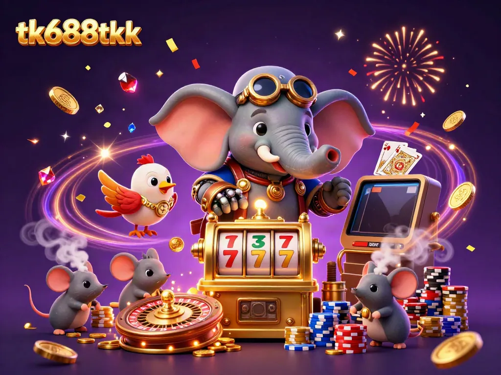 Experience thrilling wins at tk688tkk with a vibrant steampunk elephant and dynamic casino action.