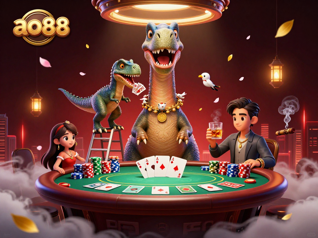 Play games with ao88, featuring a giant brontosaurus overseeing a vibrant poker scene.