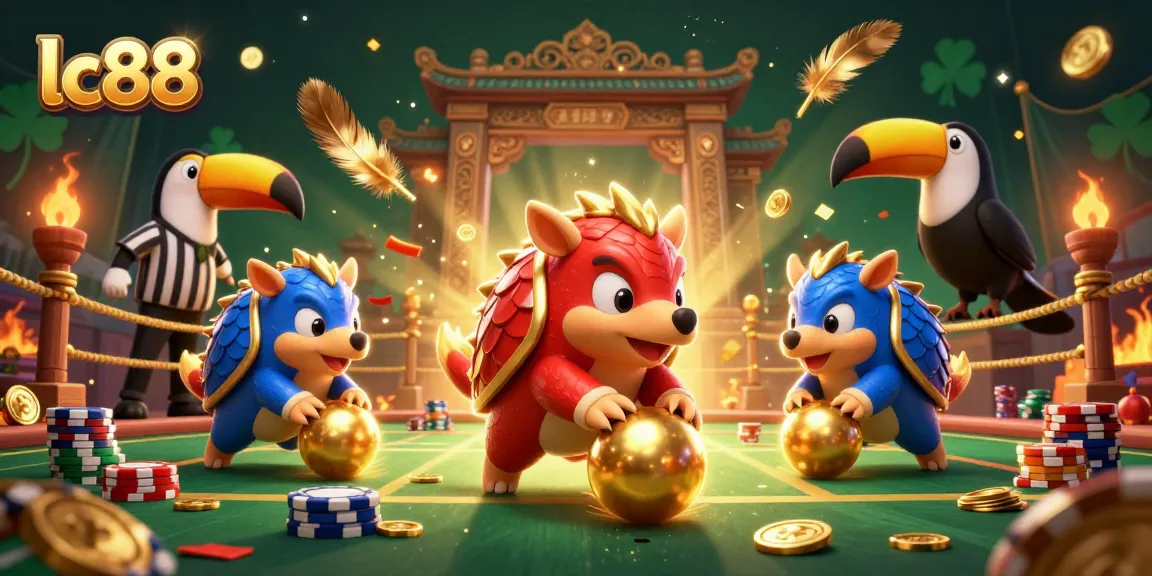 Play and win big at lc88 with animated pangolins bowling through poker chips in a vibrant casino scene.