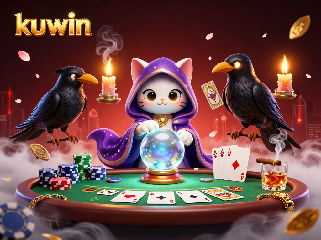 kuwin offers an engaging poker experience with an illuminated cat fortune teller and vibrant casino elements.