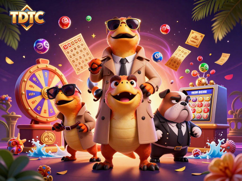 TDTC scene with raptors in trench coat, lottery balls and vibrant casino elements.