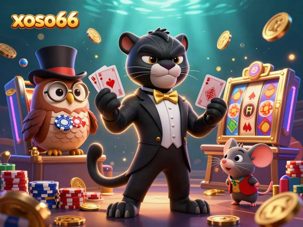 Experience thrilling gameplay at xoso66 with a dapper black panther dealer, whimsical owl, and lucky mouse amidst vibrant casino elements.