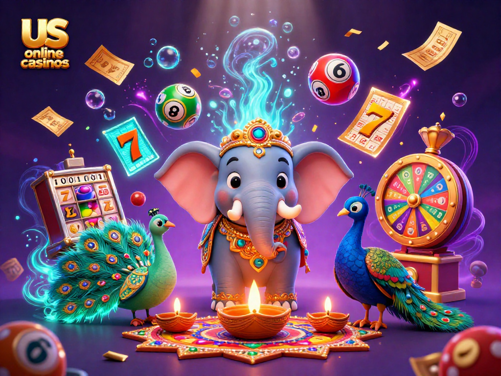 Experience winning at us online casinos with vibrant slot reels and a festive Diwali elephant scene.