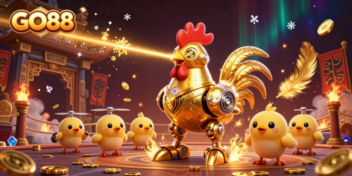 Experience thrilling gameplay at GO88 with a dynamic scene of a futuristic golden rooster robot and its chick drones.