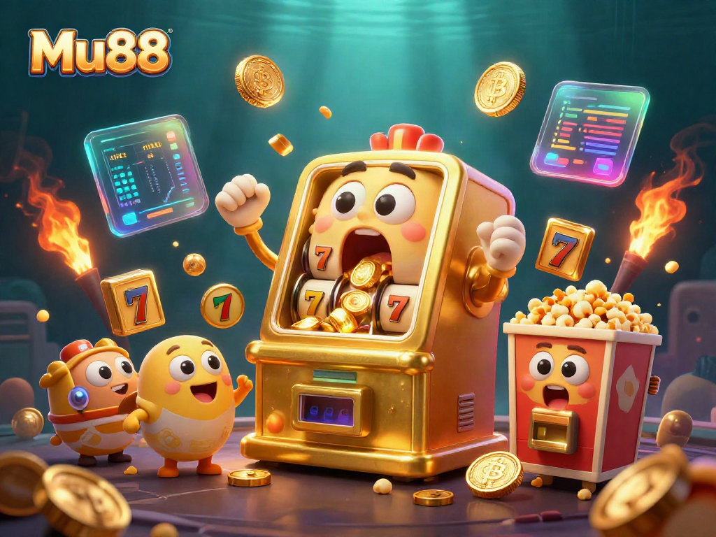 Mu88 slot machine celebrating a big win with coins spilling out, emphasizing excitement in online gambling.