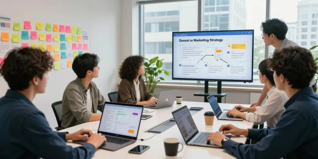 Collaborative marketing team developing guest post strategies in a modern office