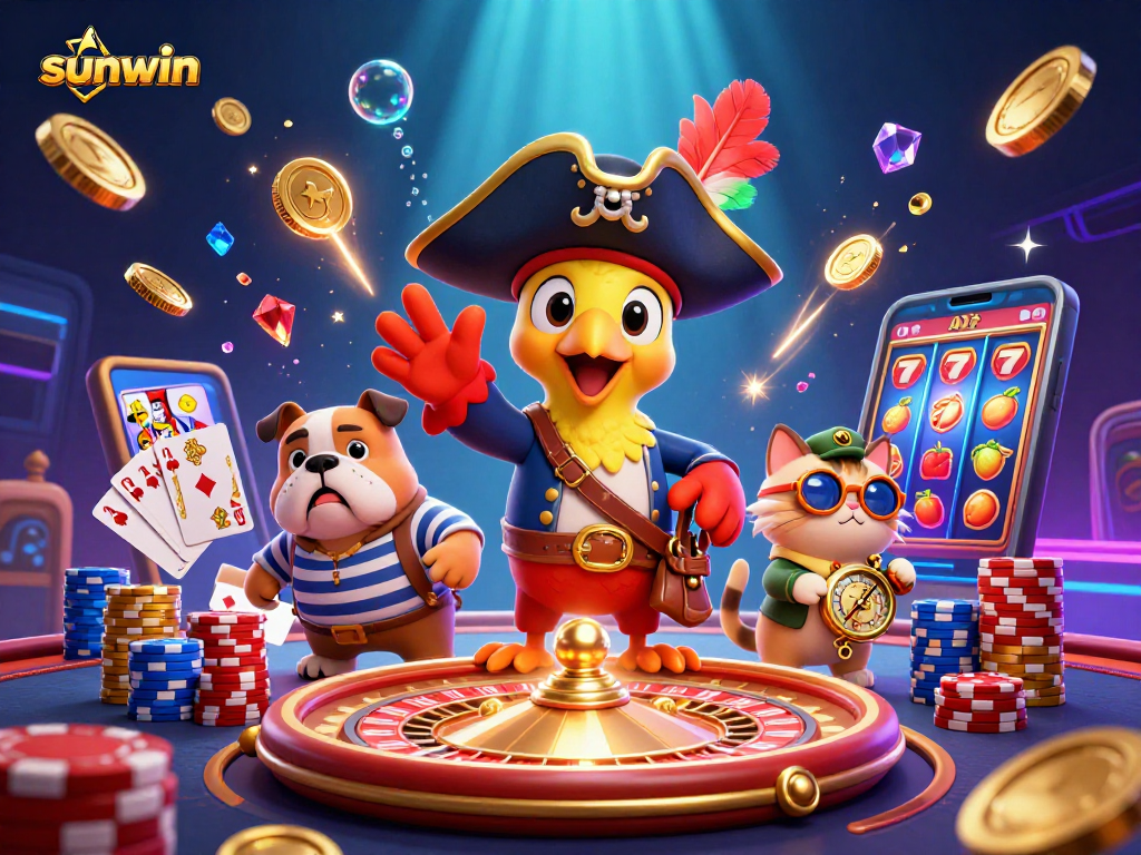sunwin casino illustration featuring a pirate parrot captain with gems and coins
