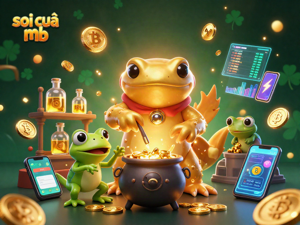 Soi cầu mb vibrant illustration showcasing a golden salamander alchemist and its frog apprentice amidst casino elements