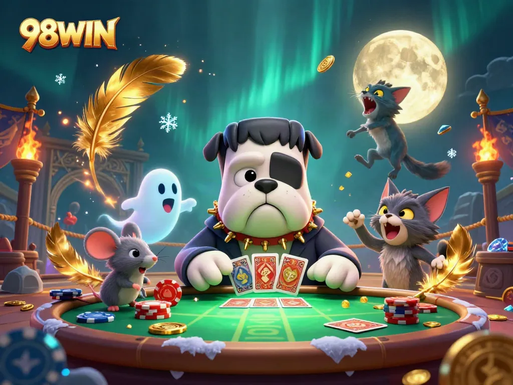 Engage in thrilling casino action with 98WIN's vibrant characters and lively atmosphere.