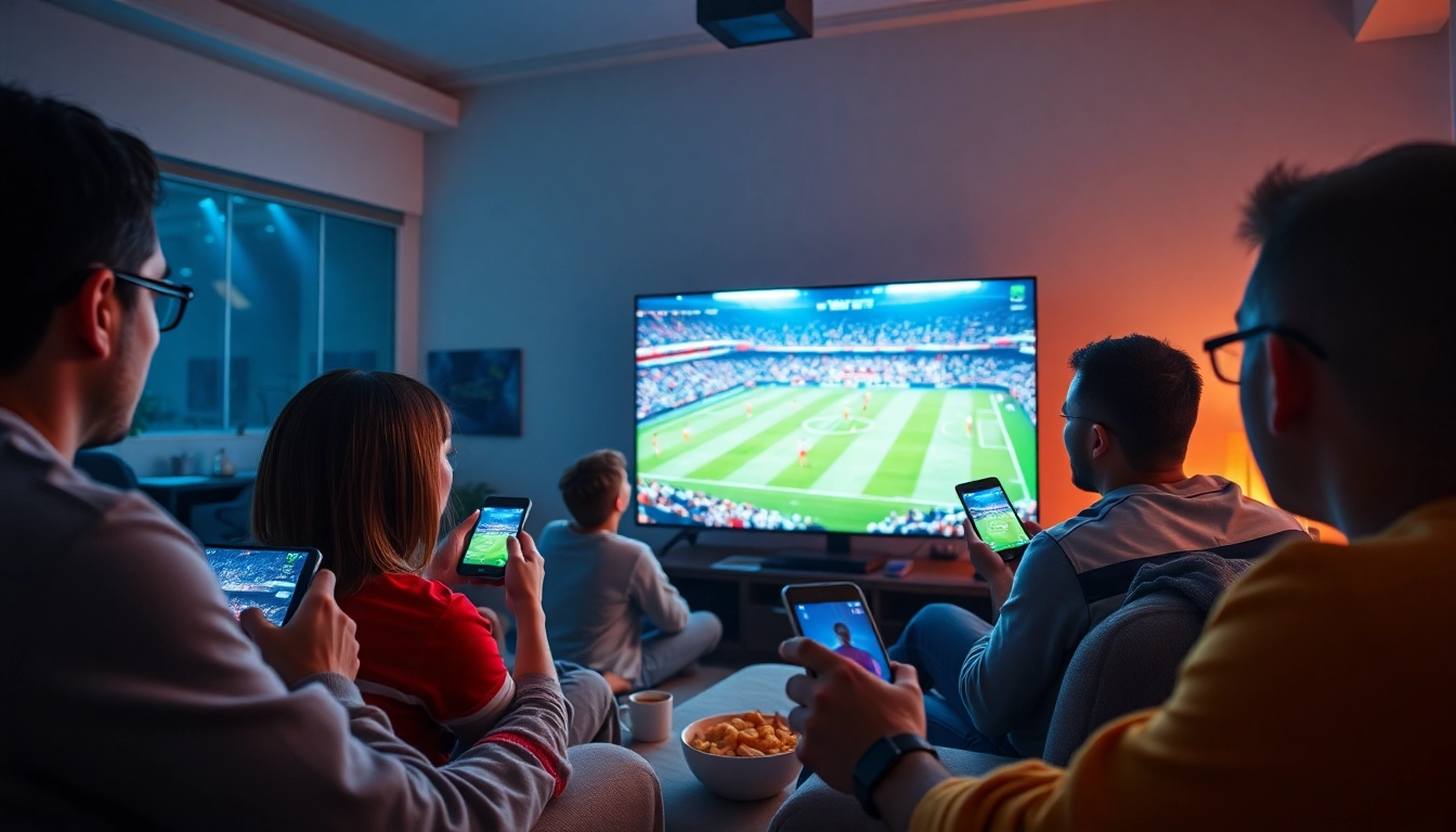 Fans enjoying football matches on joemadfan.com streaming platform with vibrant interface.