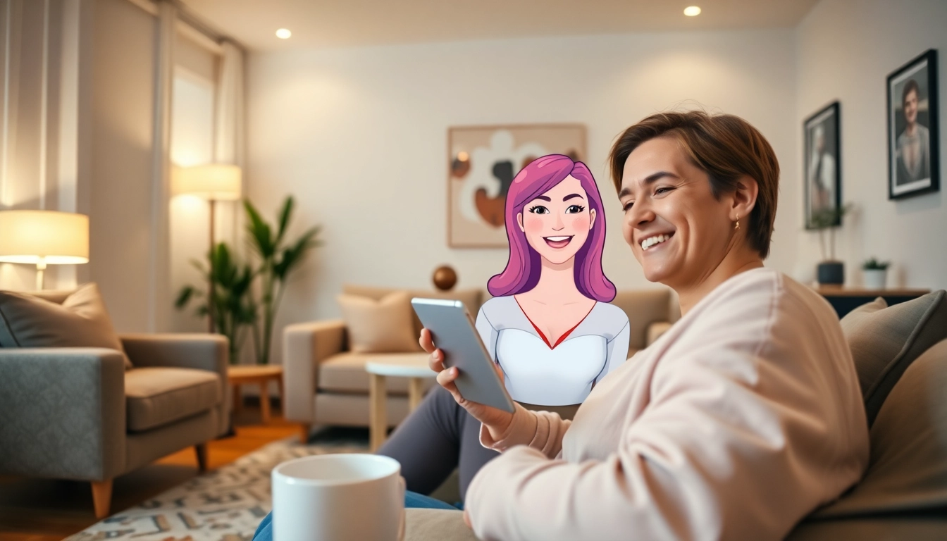 Engaging with an AI girlfriend in a cozy, inviting virtual space, highlighting modern companionship.