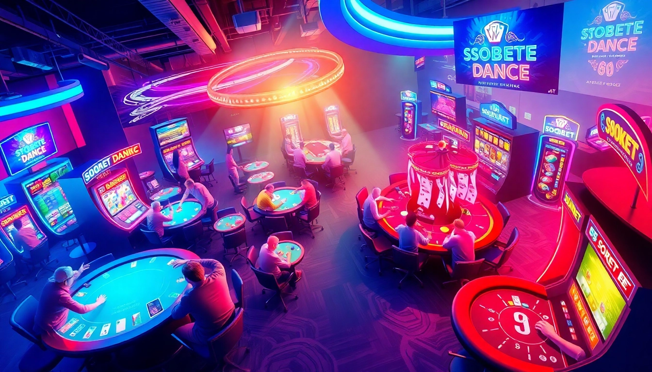 Exciting depiction of online betting at sbobet.dance with players enjoying poker in a vibrant casino setting.