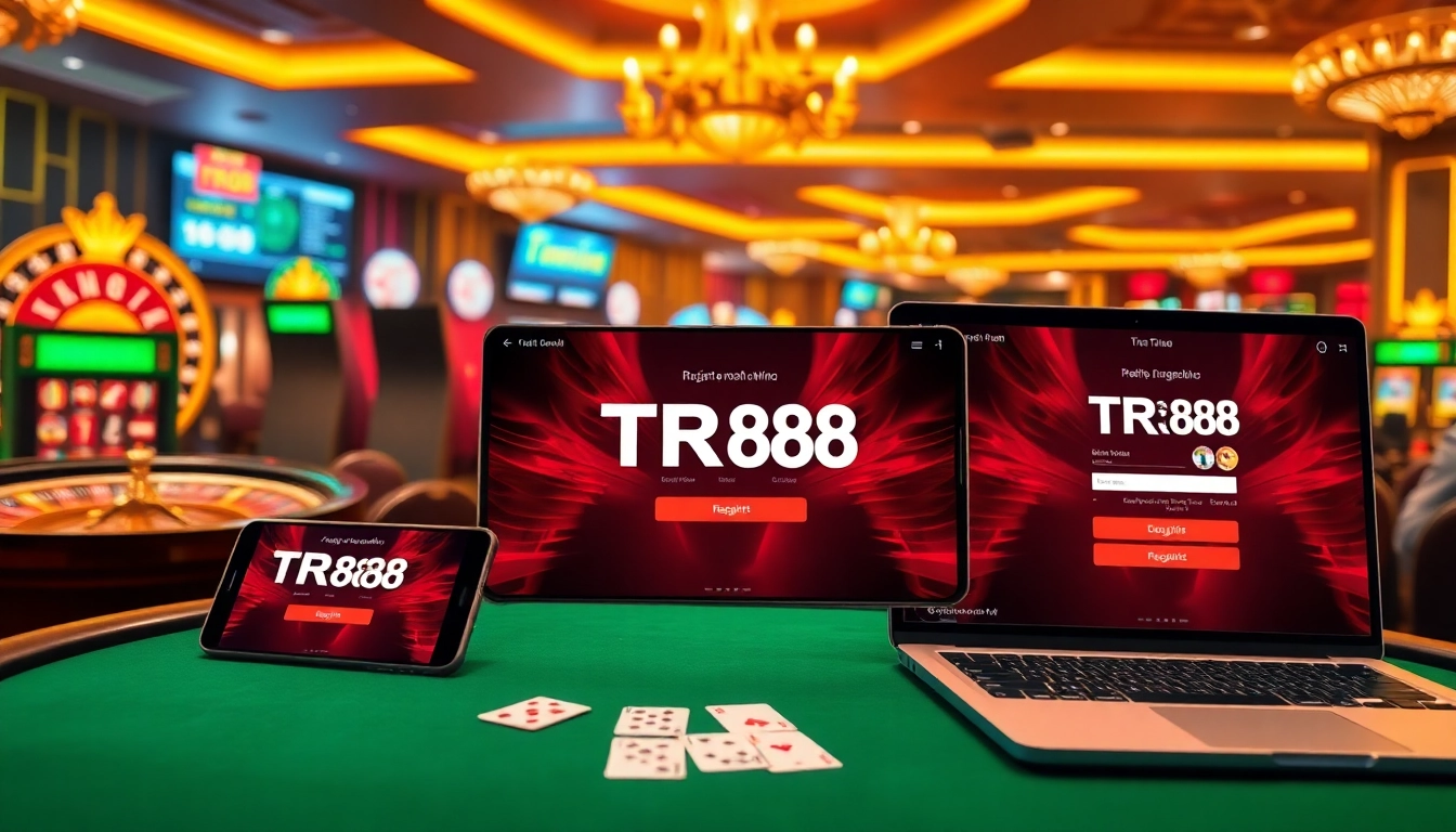 Experience excitement with đăng ký TR88 in a vibrant online casino scene featuring roulette and poker.