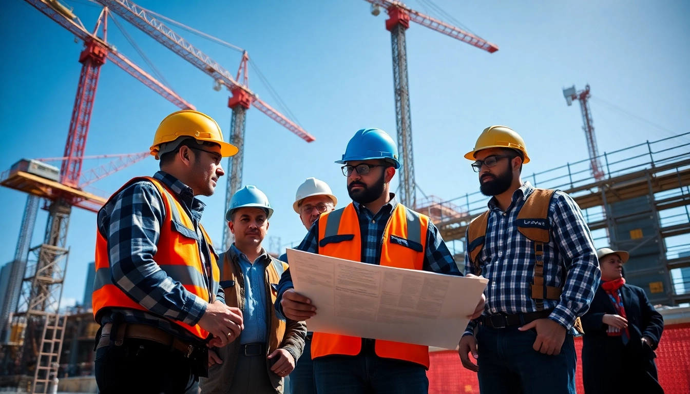 Construction team of New York City General Contractor working collaboratively on a skyscraper project.
