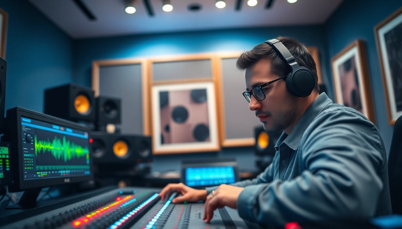Professional audio engineer mastering tracks online in a modern studio setup.